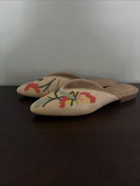 Chico's Natural Raffia Slip-On Mules with Pink & Green Floral Embroidery
